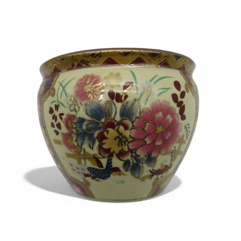 MING DYNASTY Ceramic Fish Bowl Pot Birds Floral Gold Accents 4 inches